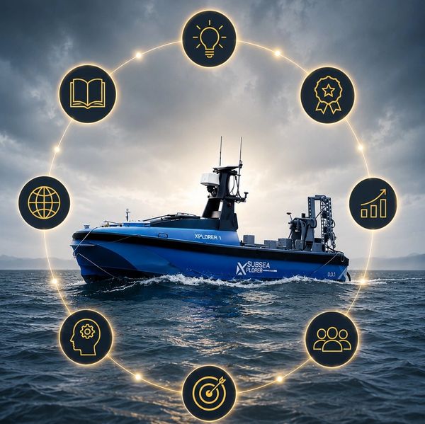 Autonomous subsea exploration vessel surrounded by innovation icons in a dramatic ocean setting.