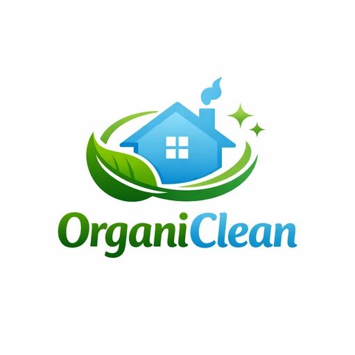 Logo for OrganiClean featuring a house, leaf, and sparkling stars.