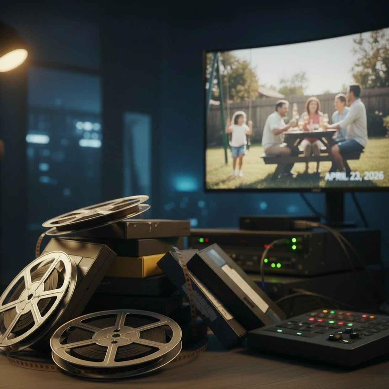 Stack of film reels and VHS tapes with family photo on TV