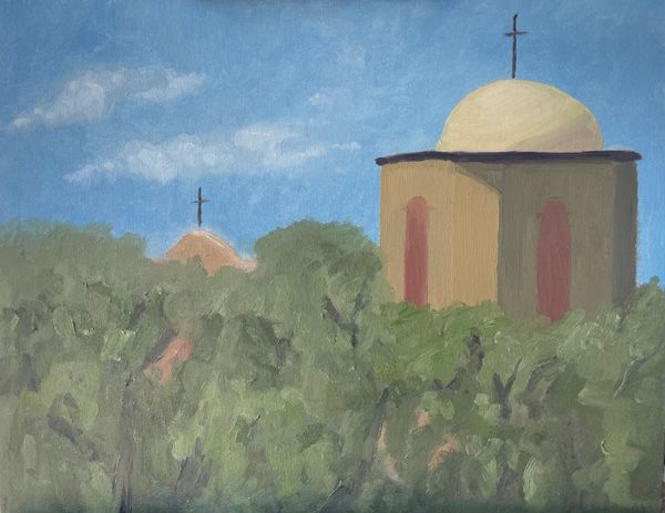 Painting of two church domes behind green trees under a blue sky.