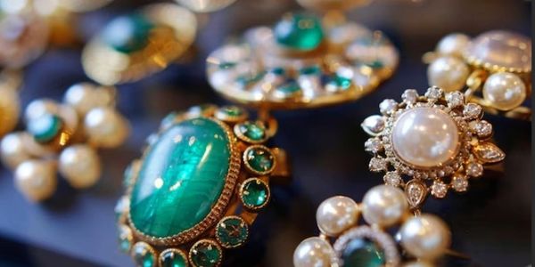 Close-up of intricate jewelry with emeralds and pearls.
