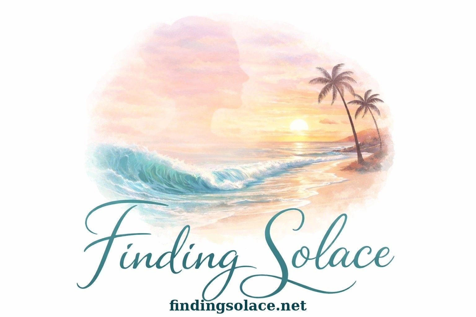 Serene beach sunset with palm trees and a woman's silhouette in the clouds, symbolizing finding peace.