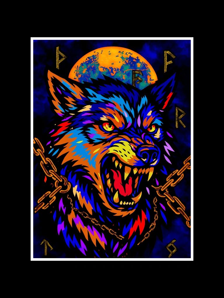 Vibrant wolf with runes, Fenrir The Wolf of Ragnarok