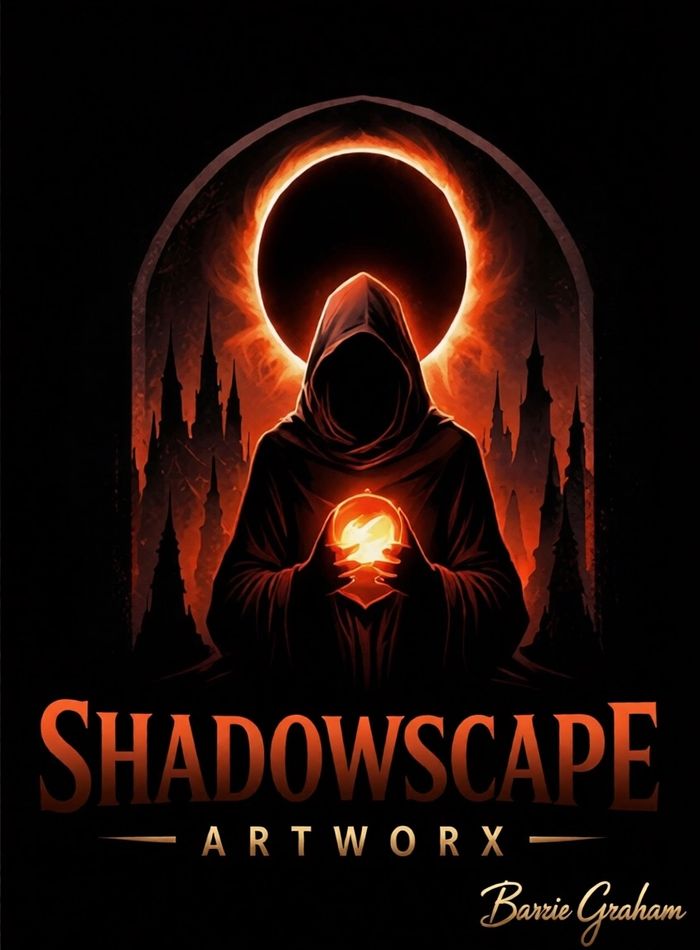 Shadowscape Artworx hooded figure with a glowing orb beneath a solar eclipse and dark castle spi