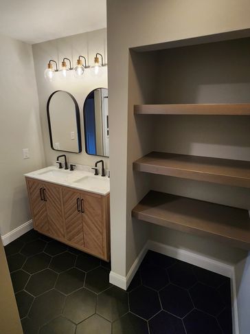 Bathroom Remodel featuring tile floor and custom Tile Shower in North Myrtle Beach, South Carolina