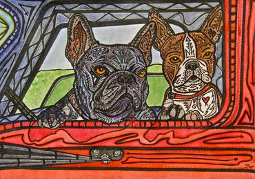 Artistic painting of two dogs in a car window.