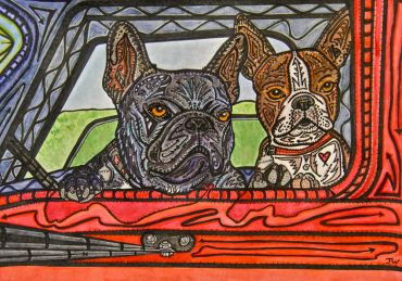 Artistic painting of two dogs in a car window.