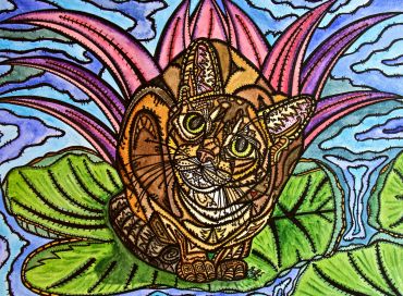Colorful artistic drawing of a cat on a flower.