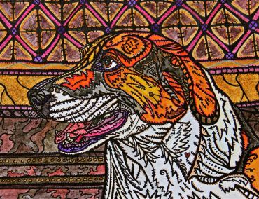 Colorful folk art painting of a dog with textured patterns.