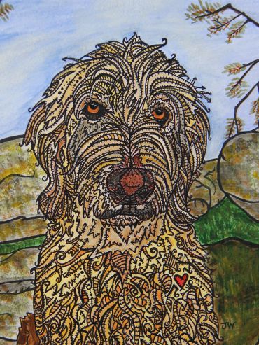 Intricate stylized drawing of a dog with patterns.