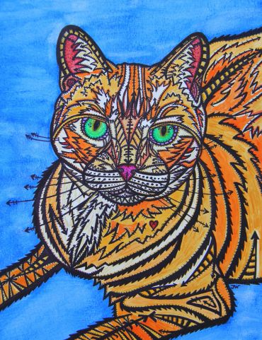 Colorful, patterned cat artwork on blue background.