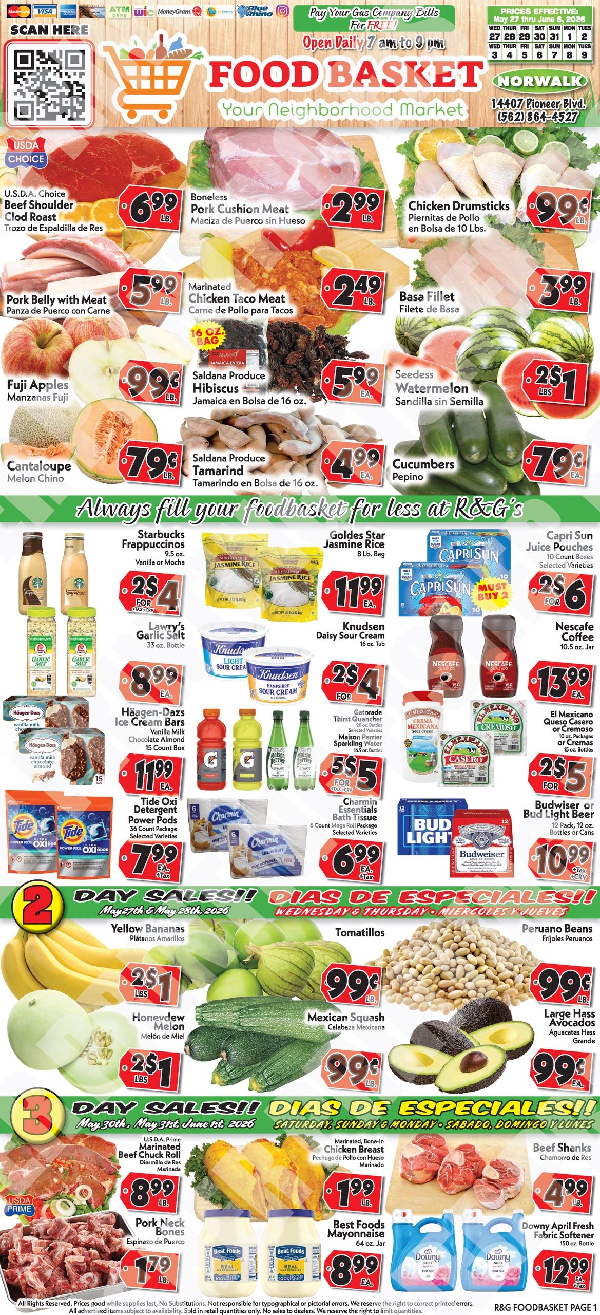 Food Basket grocery flyer with fresh produce, meats, beverages, and household items on sale.