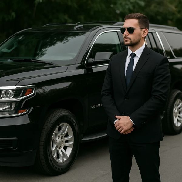 Hombre en traje negro con gafas de sol junto a un SUV negro.
