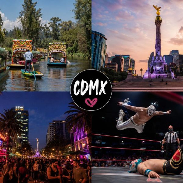 Collage de actividades y lugares emblemáticos en CDMX.