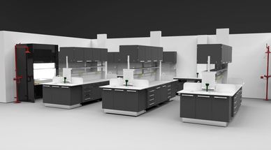 Modern laboratory with multiple workstations and black cabinetry.