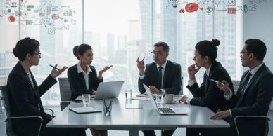 Business team discussing strategies in a meeting room.
