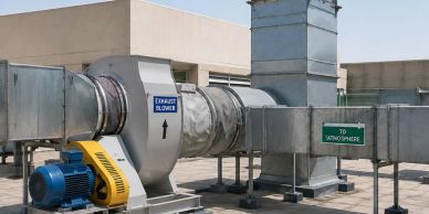 Industrial exhaust blower system on rooftop.