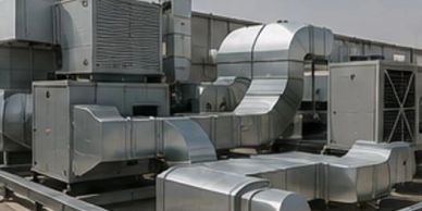 Industrial rooftop HVAC ductwork system.