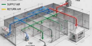 3D diagram of an air ventilation system with labeled airflow paths.