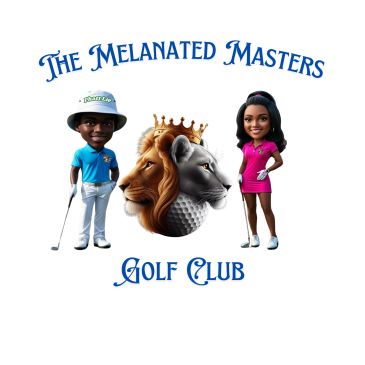 Logo for The Melanated Masters Golf Club with cartoon golfers and lions.