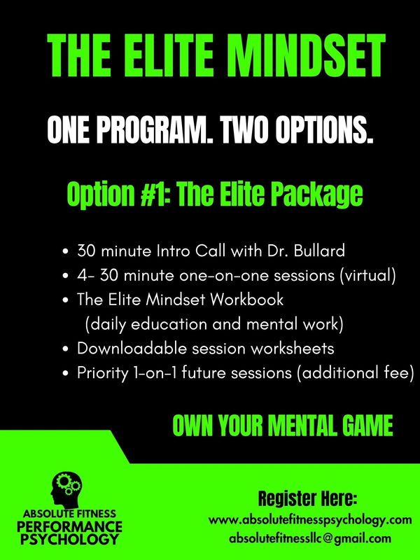 Promotional flyer for The Elite Mindset program with virtual coaching and downloadable resources.
