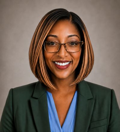 Professional woman with glasses smiling confidently.