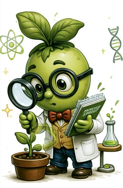 Cartoon sprout scientist examining plant with magnifying glass.