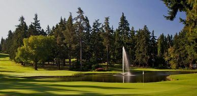 A serene golf course with a pond and fountain surrounded by trees.