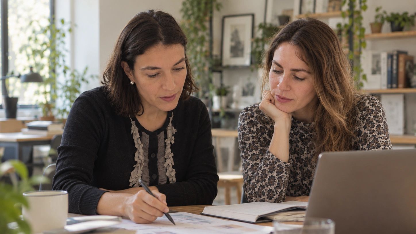Dos mujeres trabajando juntas en un proyecto.