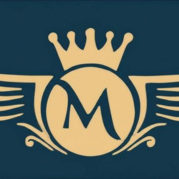Golden emblem with wings, crown, and letter M on dark background.
