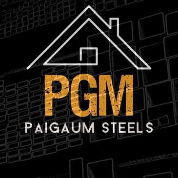 Logo of PGM Paigaum Steels with a house outline and steel bars background.