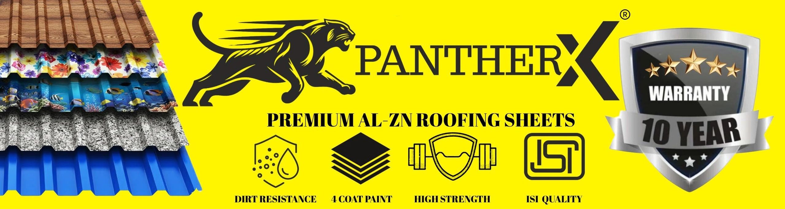 PantherX premium aluminum-zinc roofing sheets with 10-year warranty and multiple features.