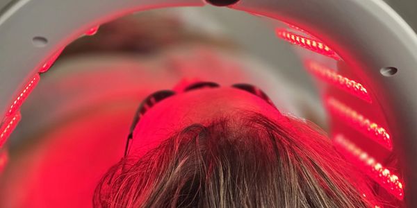 Person undergoing red light therapy on the face and scalp.