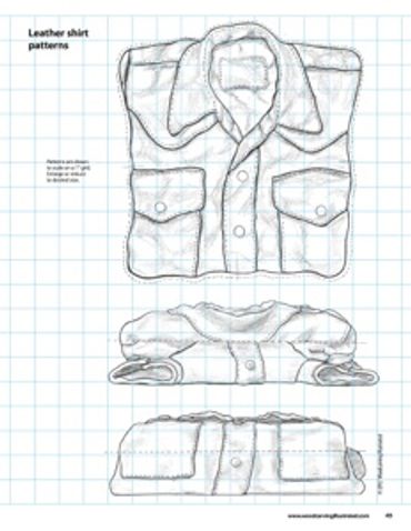 Sketches of a folded leather shirt showing front, side, and back views.