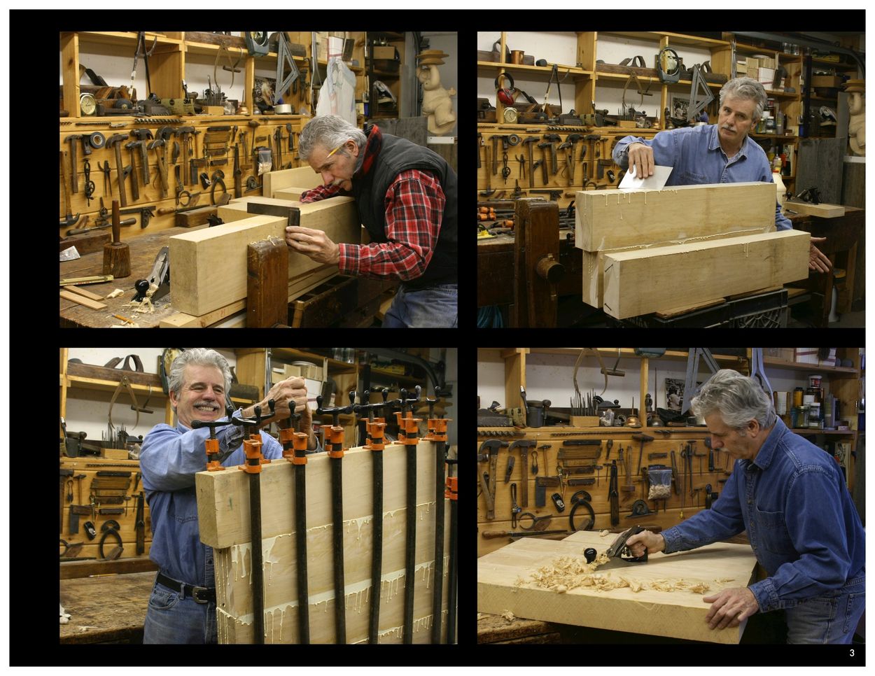 Man crafting and assembling wooden beams in a workshop.