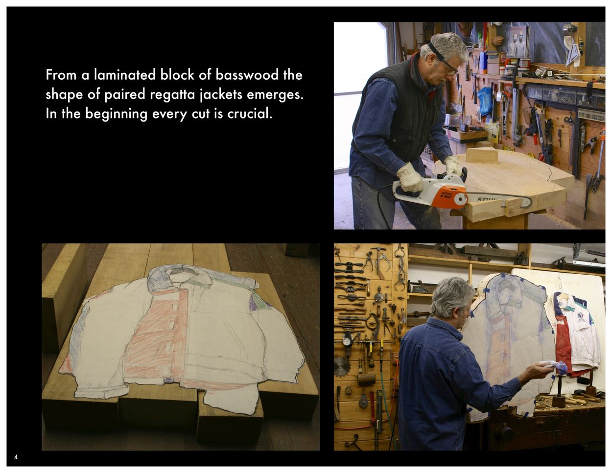 Craftsman carves basswood into regatta jacket shapes with precision.