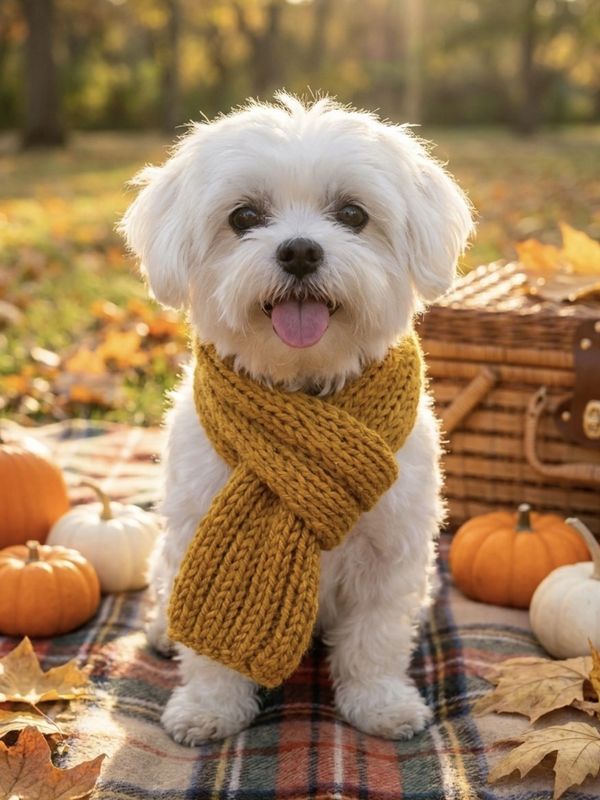 White dog wearing a yellow scarf outdoors with pumpkins.