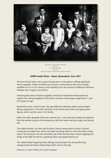 Black and white family portrait of the Dore family in Roma, Queensland, circa 1927.