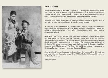A vintage photo of John and Sarah with a detailed family history text.