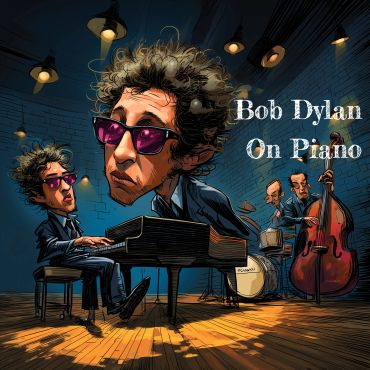 Caricature of Bob Dylan playing piano.