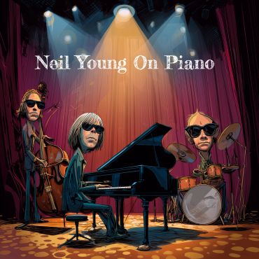 Cartoon of Neil Young playing piano with band on stage.