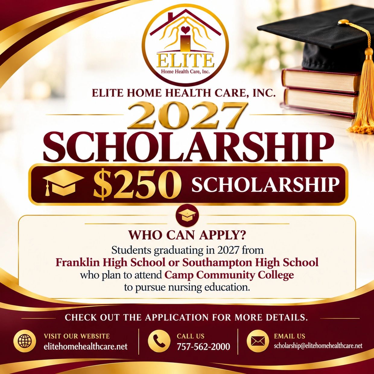 Elite Home Health Care offers $250 scholarship for 2027 nursing students.