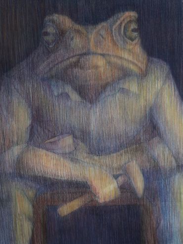 Anthropomorphic frog holding a hammer.