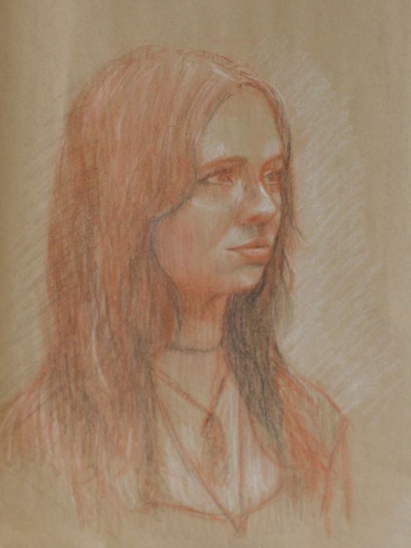 Portrait drawing of a woman with long hair.