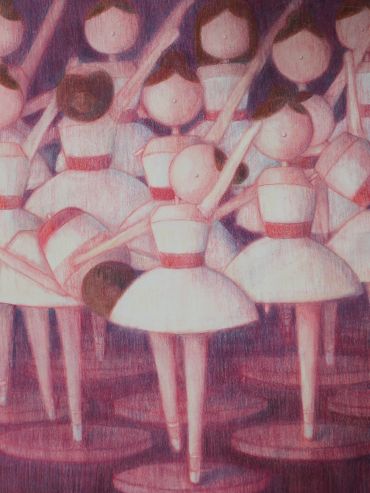 Ballerina figurines in white tutus with red accents.