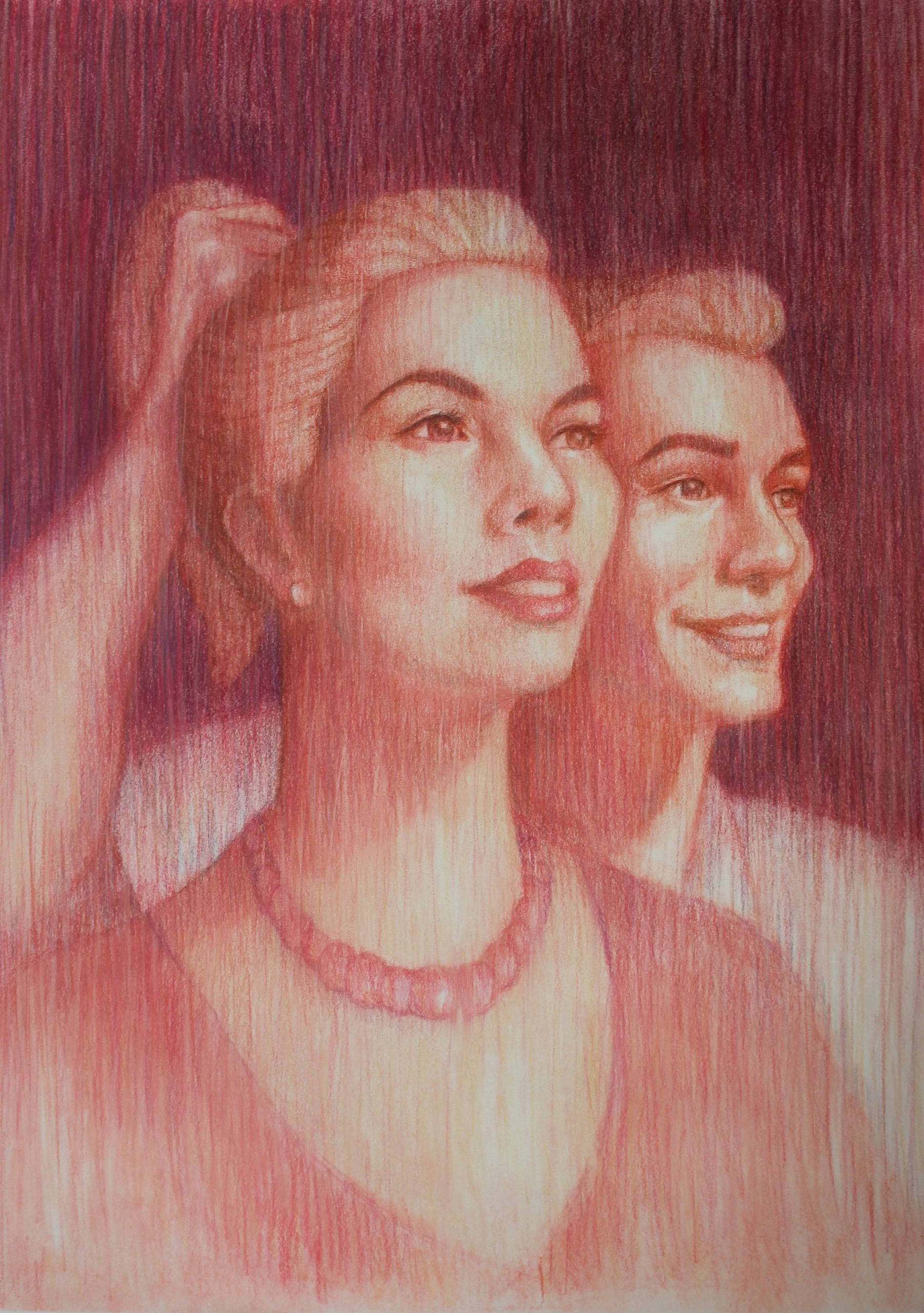 Portrait of a couple with a dreamy expression, painted in warm tones.
