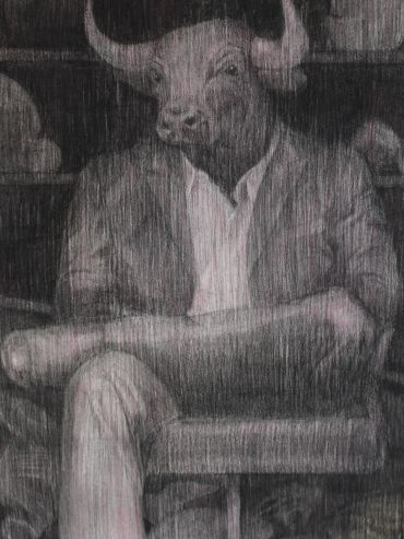 Anthropomorphic bull in suit sitting with legs crossed.