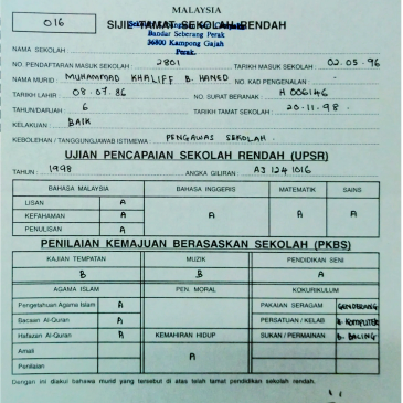 Malaysian primary school report card from 1996-1998.