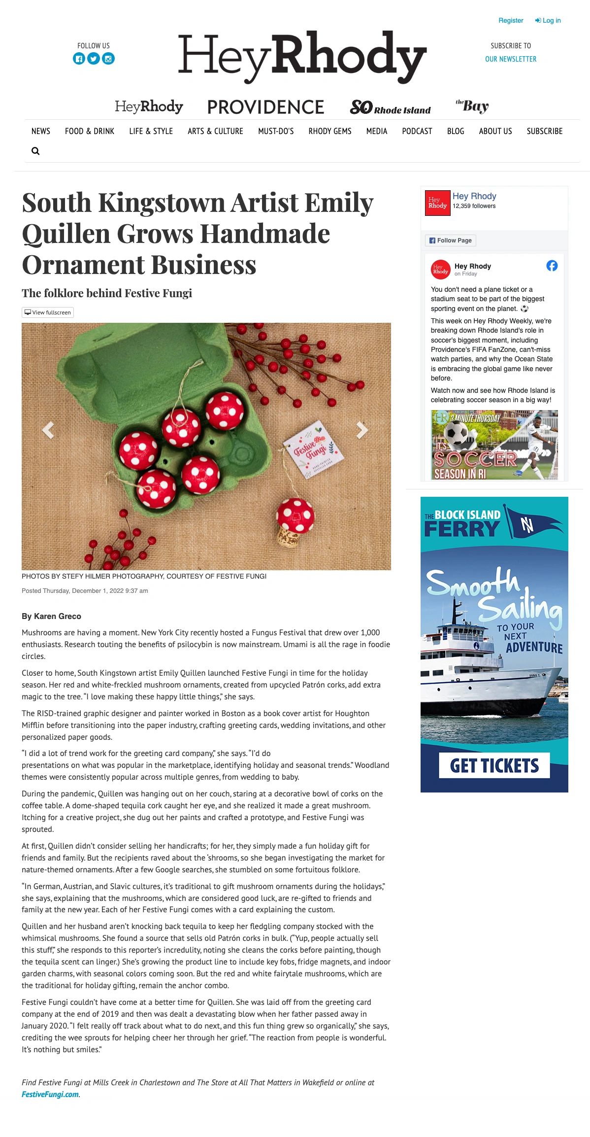 Article about Emily Quillen's handmade mushroom ornaments business.