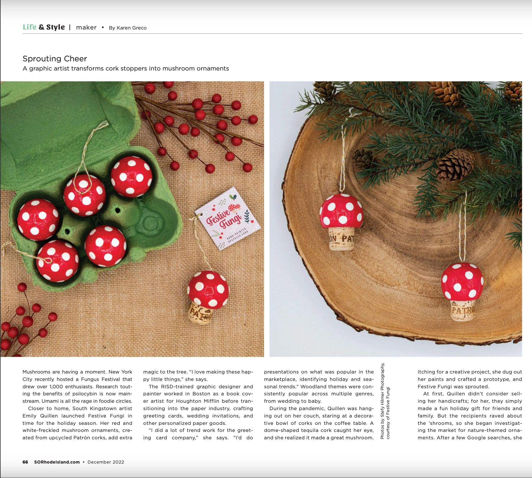 Hand-painted mushroom ornaments made from upcycled corks.